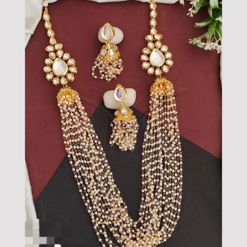 women’s silver pendant necklaces-FS Collection Gold Plated Kundan Stone And Pearls Long Necklace Set