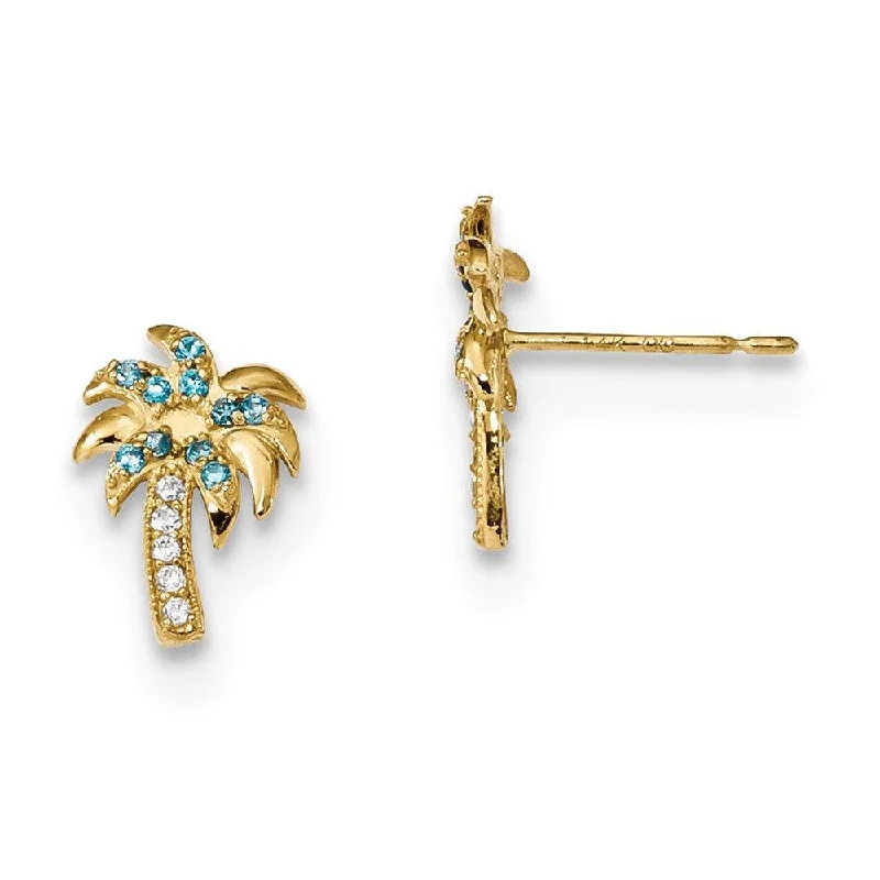 women’s dangling earrings-Madi K Kid's 14k  Blue & Clear CZ Palm Tree Post Earrings