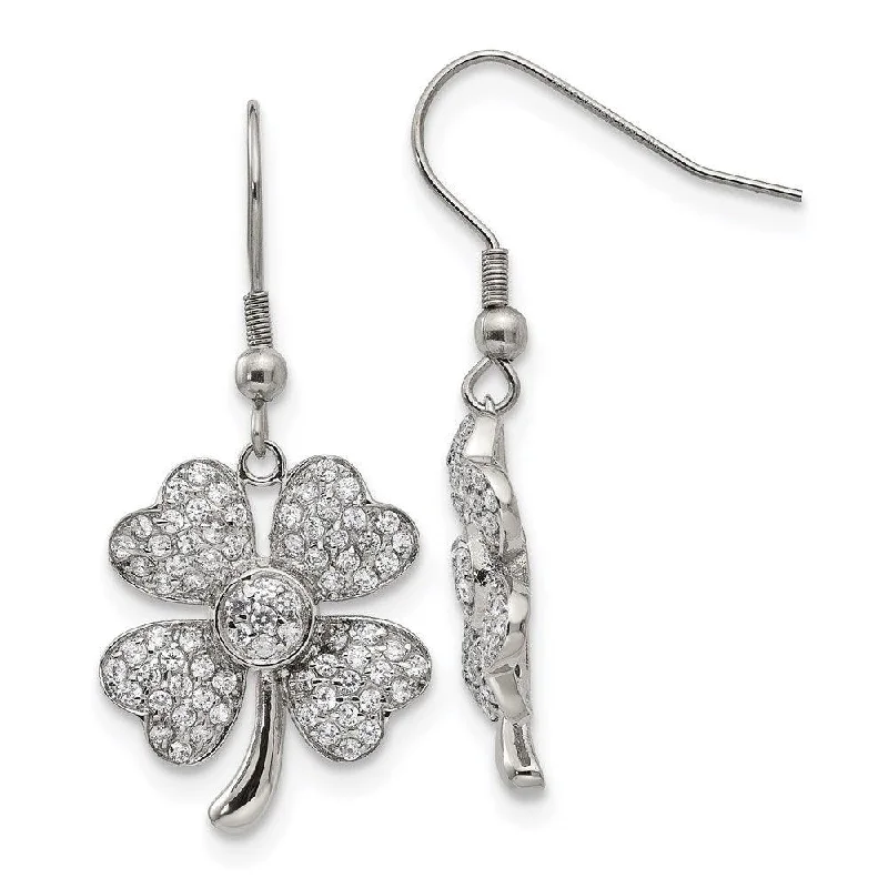 women’s rose gold drop earrings-Stainless Steel Polished 4-Leaf Clover w/CZ Shepherd Hook Earrings