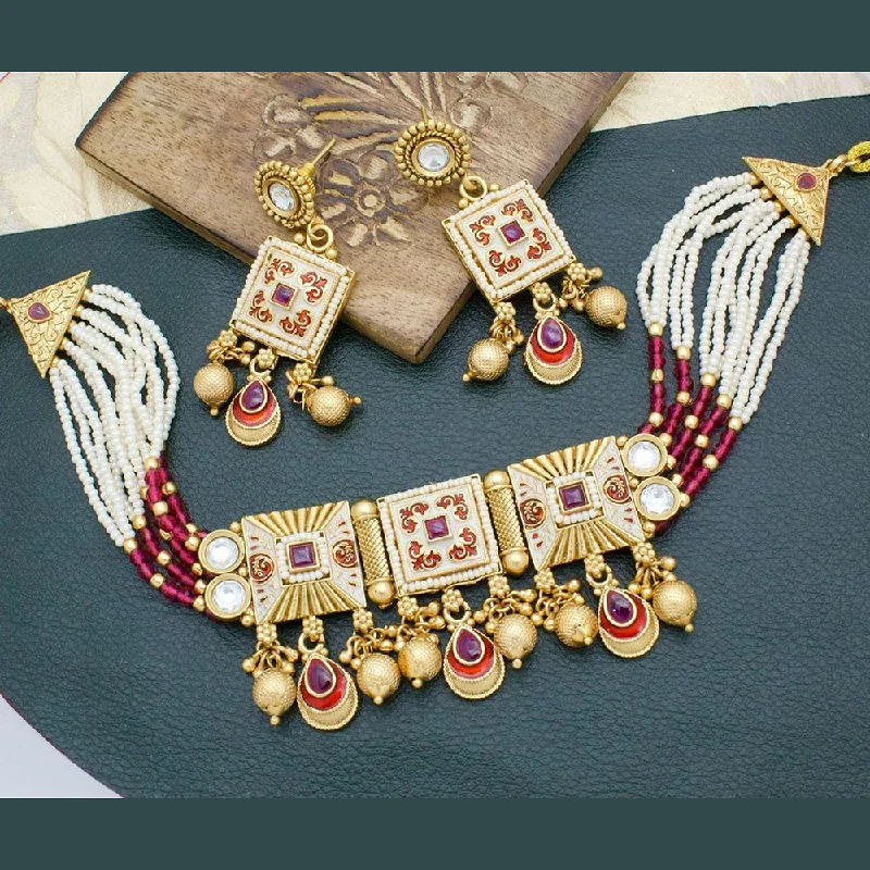 women’s pearl choker necklaces-Manisha Jewellery Gold Plated Kundan Stone And Pearls Meenakari Choker Necklace Set