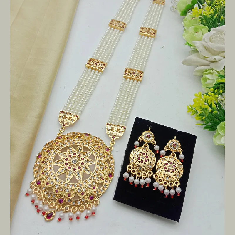 women’s gemstone necklaces-SP Jewellery Gold Plated Austrian Stone And Pearls Long Necklace Set