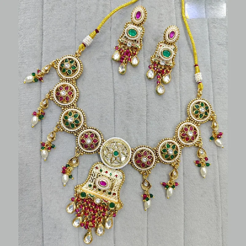 women’s birthstone necklaces-JCM Gold Plated Pota Stone And Meenakari Necklace Set