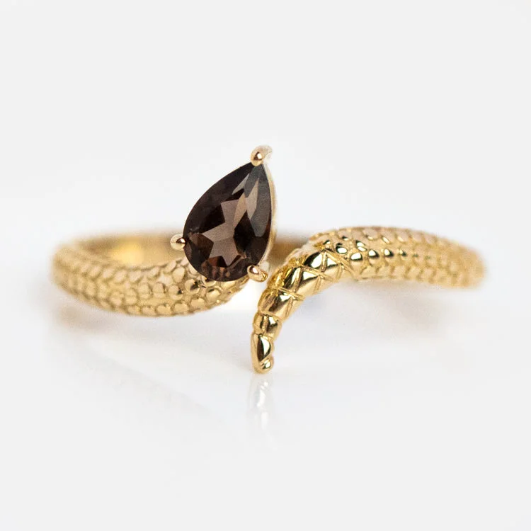 women’s signet rings-Solid Gold Smoky Quartz Snake Ring for Transformation