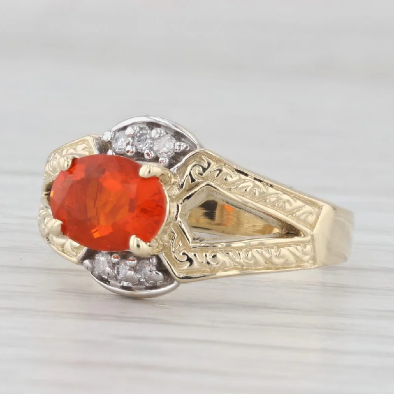 women’s unique engagement rings-0.90ctw Orange Fire Opal Diamond Ring 14k Yellow Gold Size 7.25