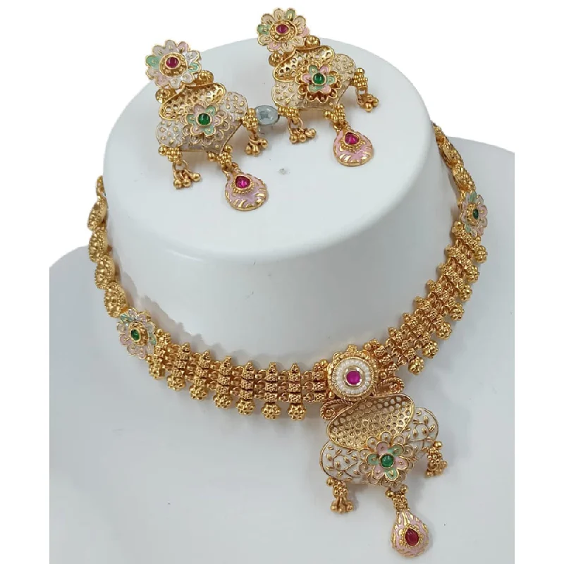 women’s bohemian necklaces-Padmawati Bangles Gold Plated Pota Stone And Meenakari Choker Necklace Set