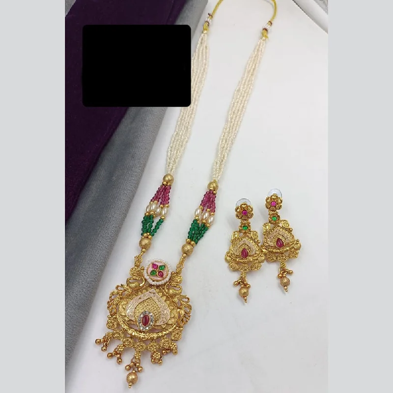 women’s anniversary charm necklaces-Manisha Jewellery Gold Plated Pota Stone And Pearls Meenakari Long Necklace Set