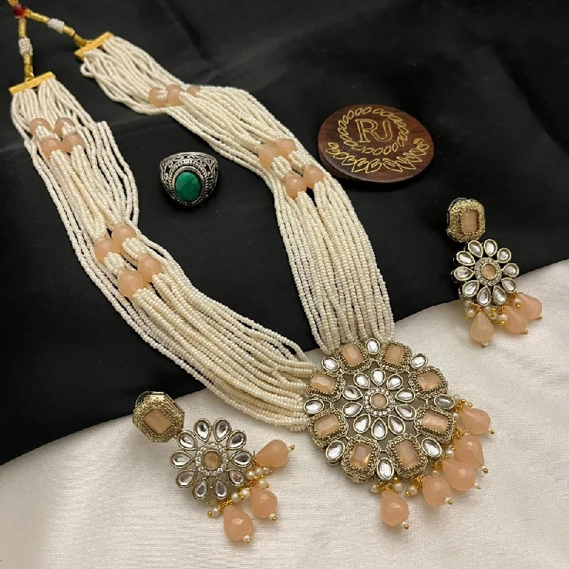 women’s custom-made necklaces-FS Collection Gold Plated Kundan Stone And Pearls Long Necklace Set