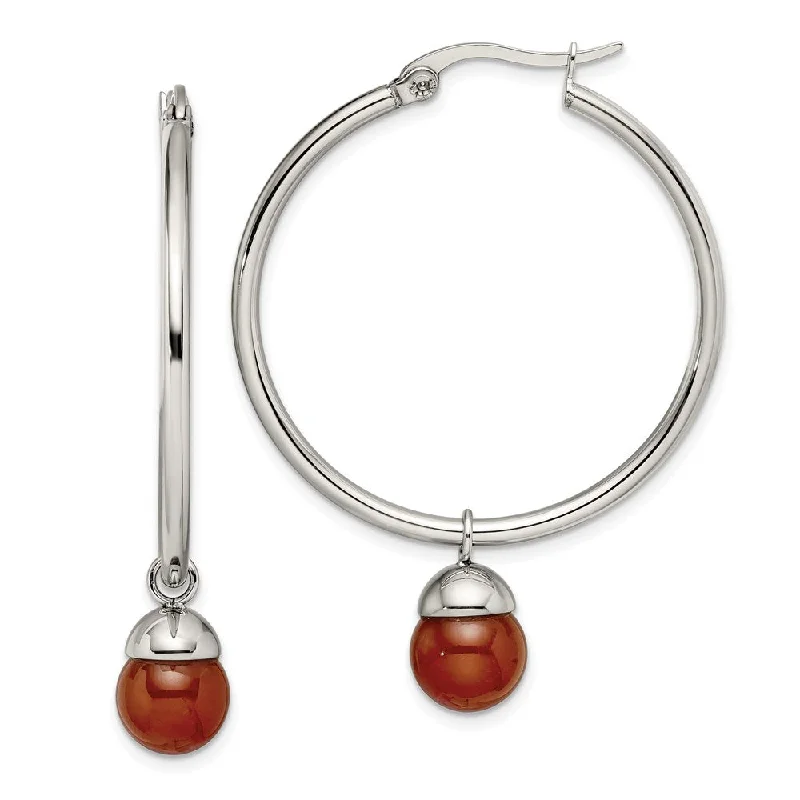 women’s luxurious stud earrings-Stainless Steel Polished Hoop w/Red Agate Bead Earrings