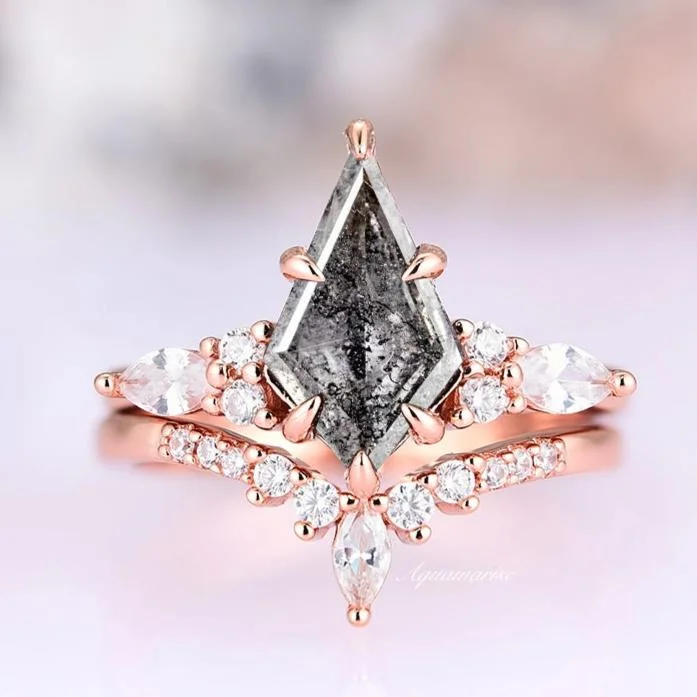 women’s square engagement rings-Skye Kite™  Galaxy Raw Salt & Pepper (Herkimer)Diamond Ring Set- 14K Rose Gold Vermeil