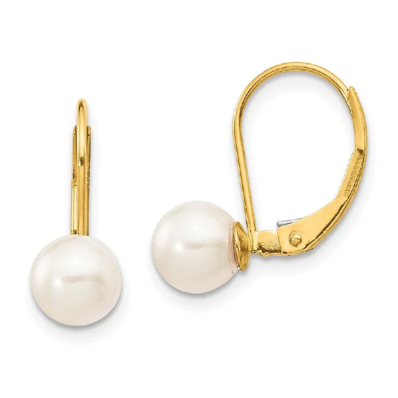 women’s flower earrings-14k 6-7mm White Round Saltwater Akoya Cultured Pearl Leverback Earrings