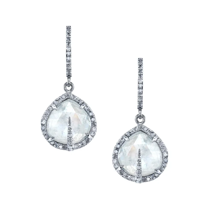 women’s silver earrings-Rainbow Moonstone & Diamond Teardrop Earrings with Pave Diamond Spike  E0000093