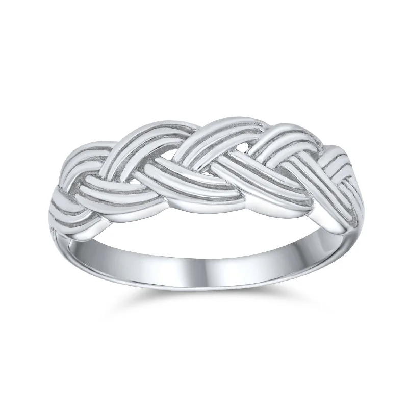 women’s rose gold rings-Half Braided Silver Ring with Wheat Weave and Twisted Rope Design Sterling