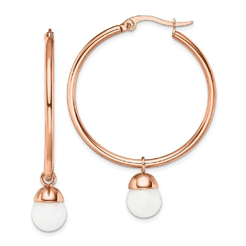 women’s elegant gold earrings-Stainless Steel Polished Rose IP-plated White Jade Hoop Earrings