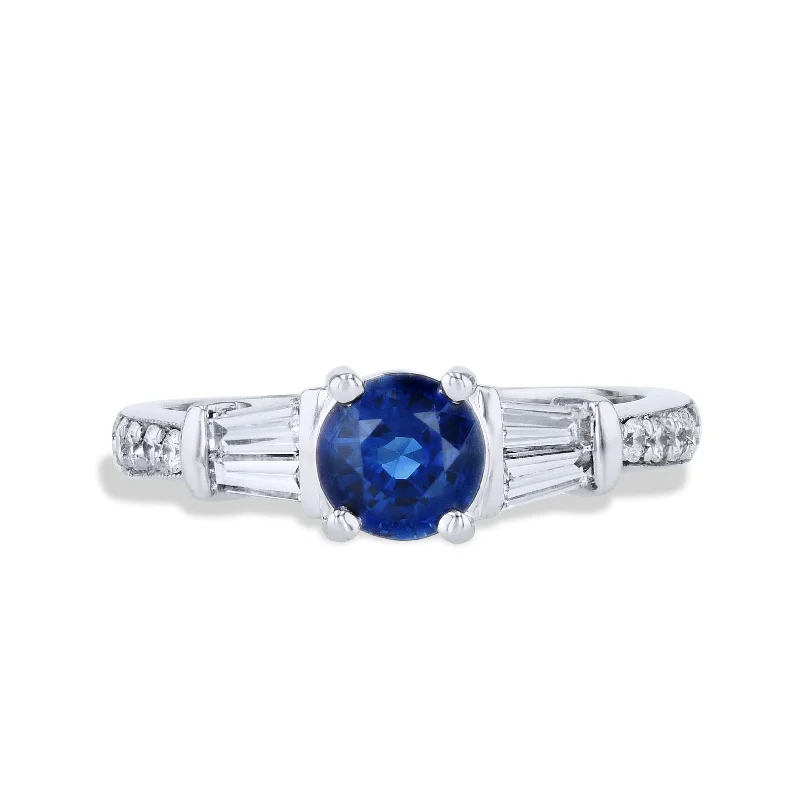 women’s custom engagement rings-Round Blue Sapphire Diamond Platinum Estate Ring