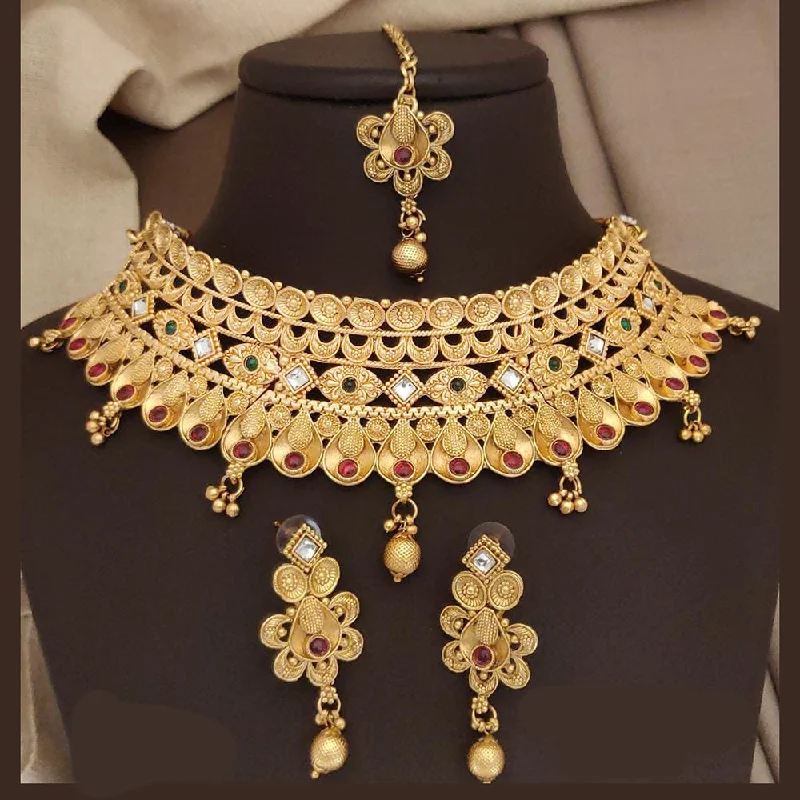 women’s anniversary necklaces-FS Collection Gold Plated Pota Choker Necklace Set