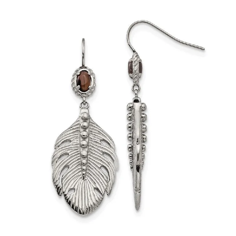 women’s hoop earrings-Stainless Steel Polished Smoky Quartz Feather Earrings