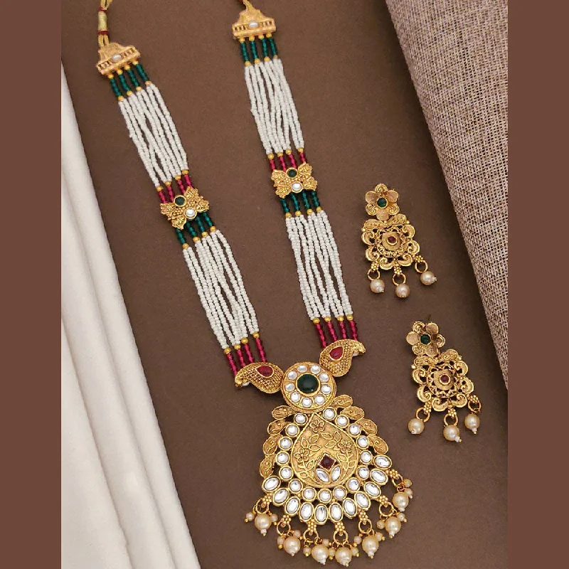 women’s long necklaces-Akruti Collection Gold Plated Pota Stone And Pearls Long Necklace Set