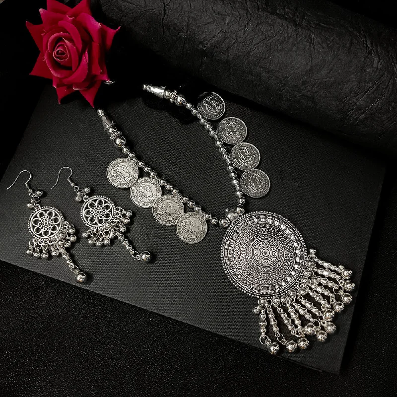 women’s layered necklaces-Darshana Jewels Oxidised Plated Long Necklace Set