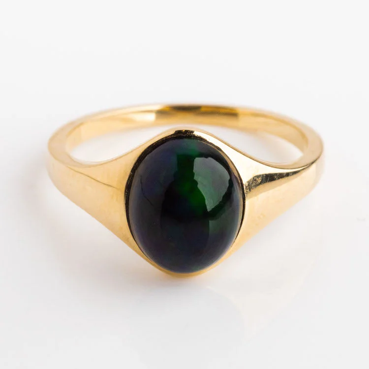 women’s eternity rings-Solid Gold Black Opal Aura Signet Ring