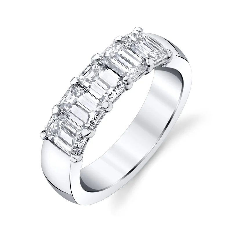 women’s trendy rings-Emerald Cut Horizontally Set 5-Diamond Platinum Band