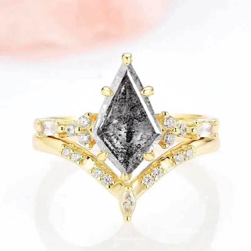 women’s elegant engagement rings-Skye Kite™  Galaxy Raw Salt & Pepper (Herkimer) Diamond Ring Set- 14K Yellow Gold Vermeil