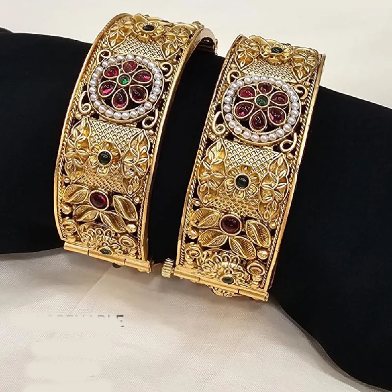 women’s double bracelets-FS Collection Gold Plated Pota Stone Openable Bangle Set