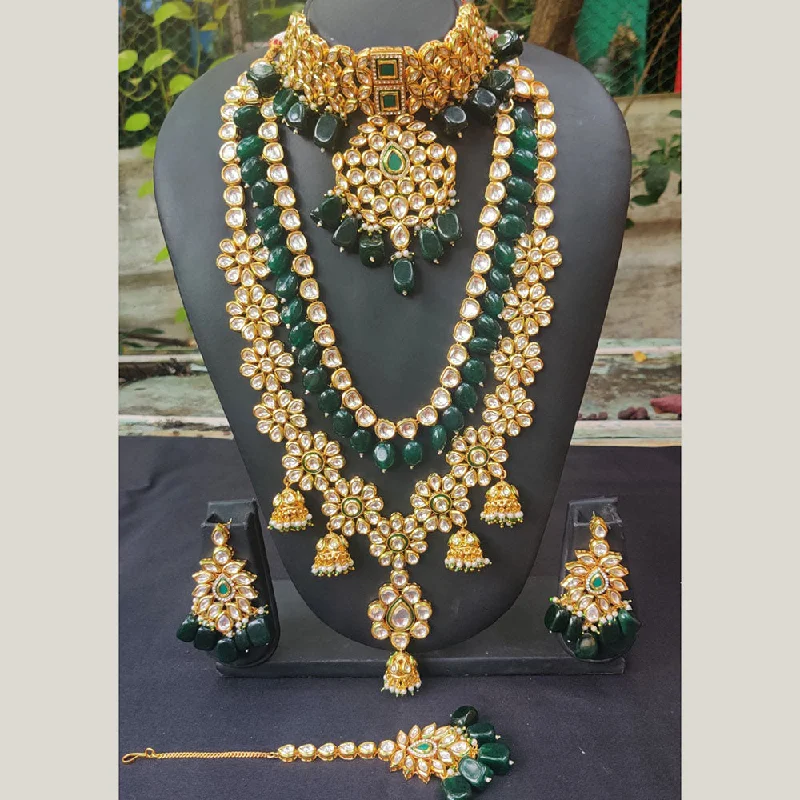 women’s initial necklaces-Royal Kundan Jewellery Gold Plated Kundan Stone And Beads Double Necklace Set