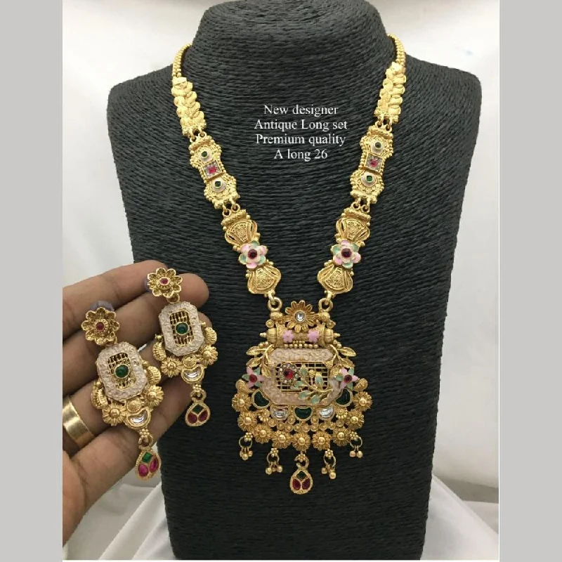 women’s gold pendant necklaces-FS Collection Antique Gold Plated Pota Stone And Pearls Long Necklace Set