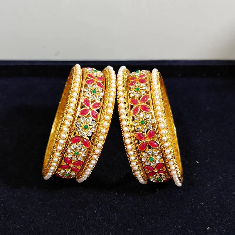 women’s classic bangles-Pooja Bangles Gold Plated Crystal Stone And Pearls Bangles Set