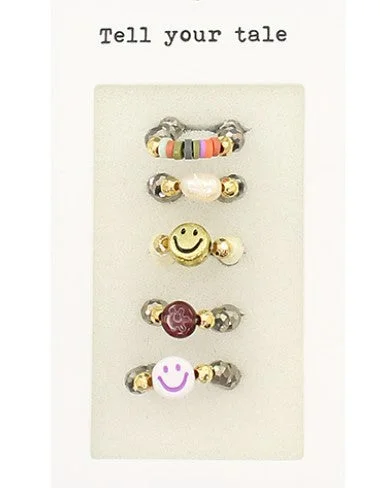 women’s stackable gold rings-Smile Face & Bead Ring Set - Hematite