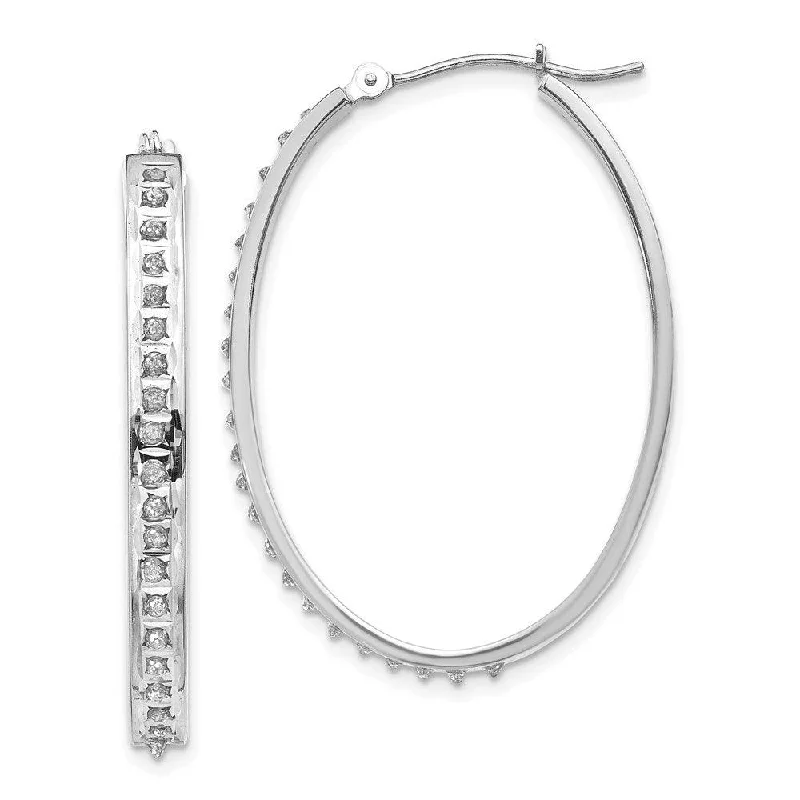 women’s cute earrings-14k White Gold Diamond Fascination Oval Hinged Hoop Earrings