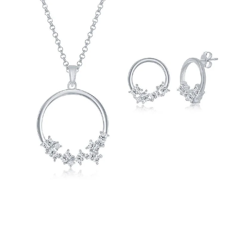 women’s delicate earrings-Sterling Silver Multi-Shaped CZ Open Circle Pendant & Earrings Set With Chain