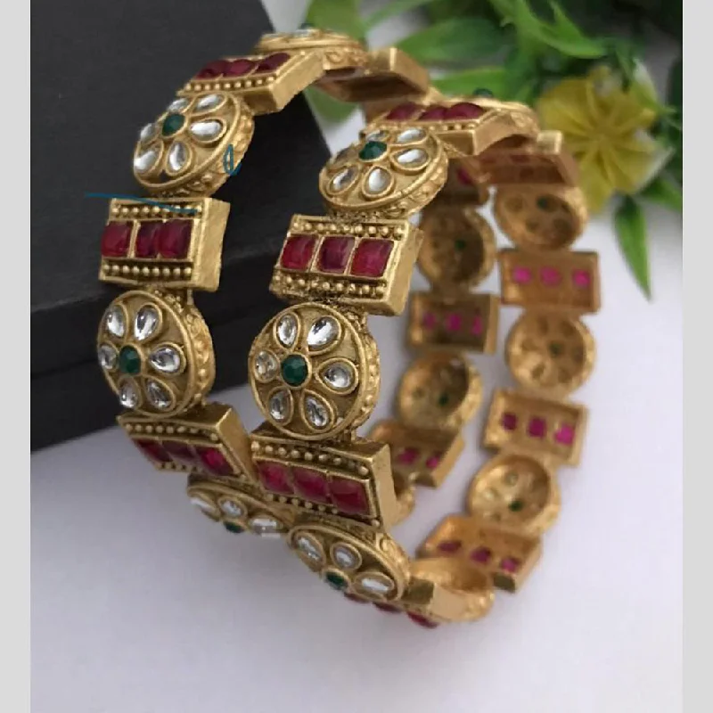 women’s luxury bangles-FS Collection Gold Plated Kundan Stone Bangle Set