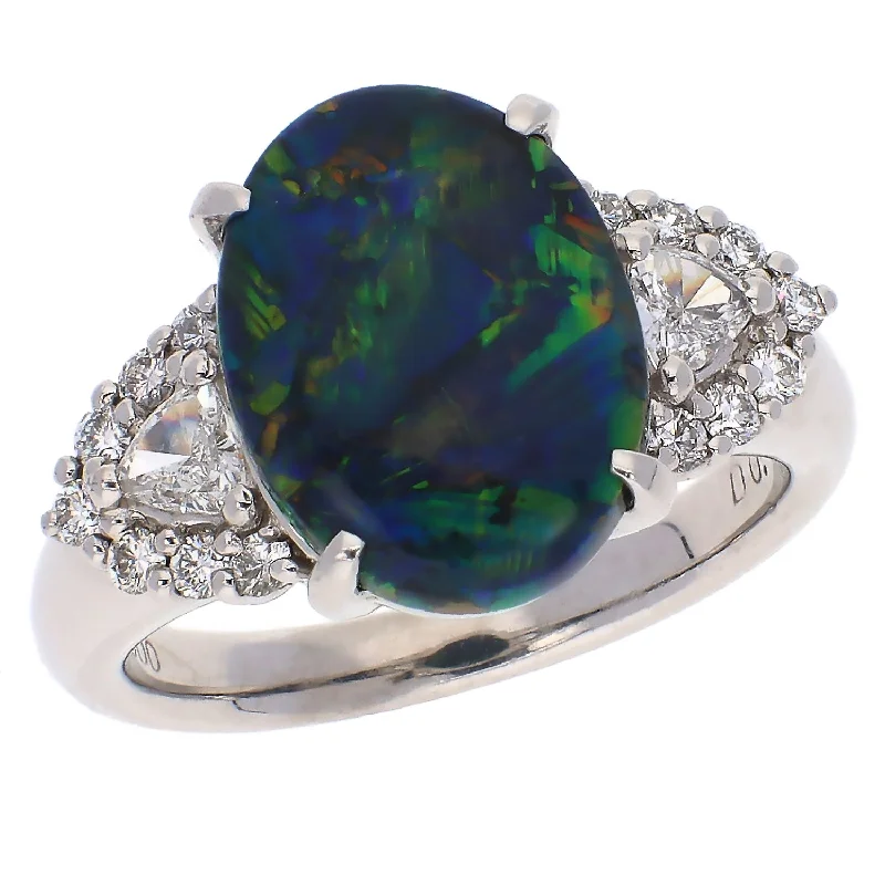 women’s engagement rings for brides-Platinum Australian Lightning Ridge Black Opal and Diamond Ring