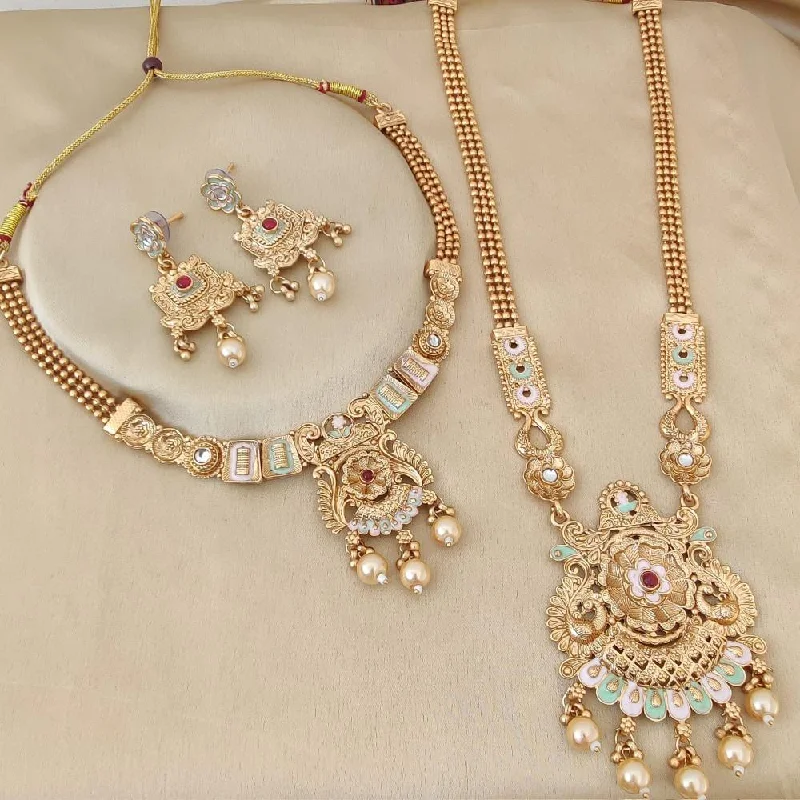 women’s pendant necklaces-FS Collection Gold Plated Pota Stone And Meenakari Double Necklace Set