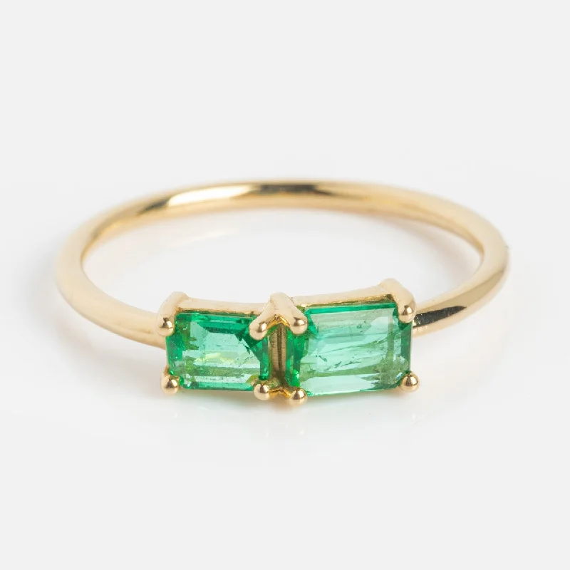 women’s custom rings-One of a Kind Baguette Emerald Toi et Moi Ring