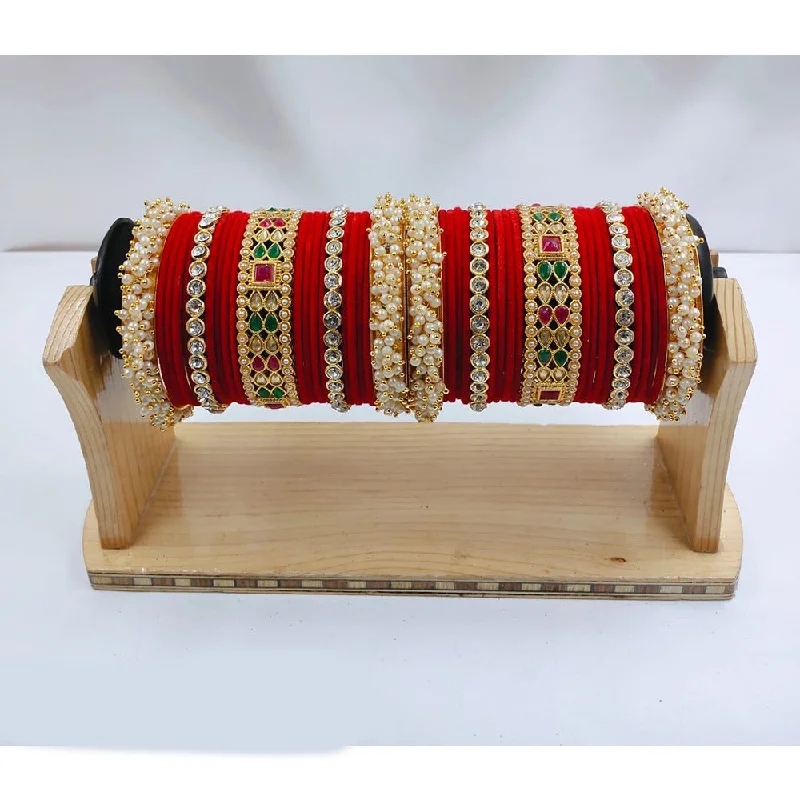 women’s bridal bangles-Akruti Collection Gold Plated Kundan Stone & Pearls Velvet Bangles Set