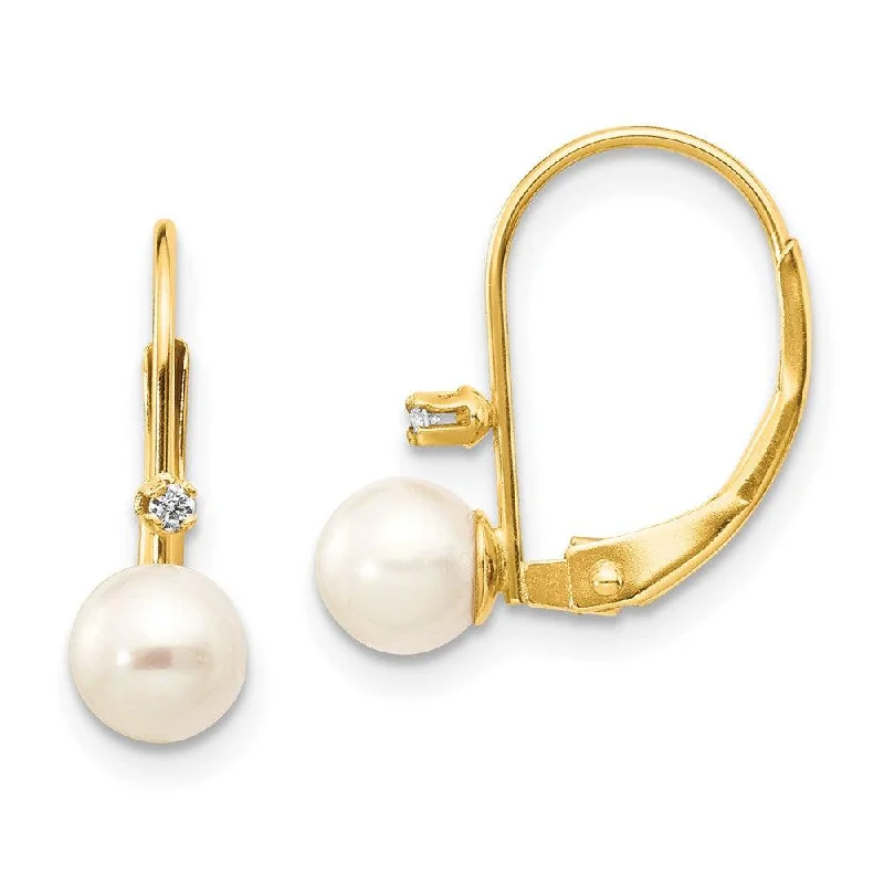 women’s luxury diamond earrings-14K 5-6mm Round FW Cultured Pearl .02 ct. Diamond Leverback Earrings