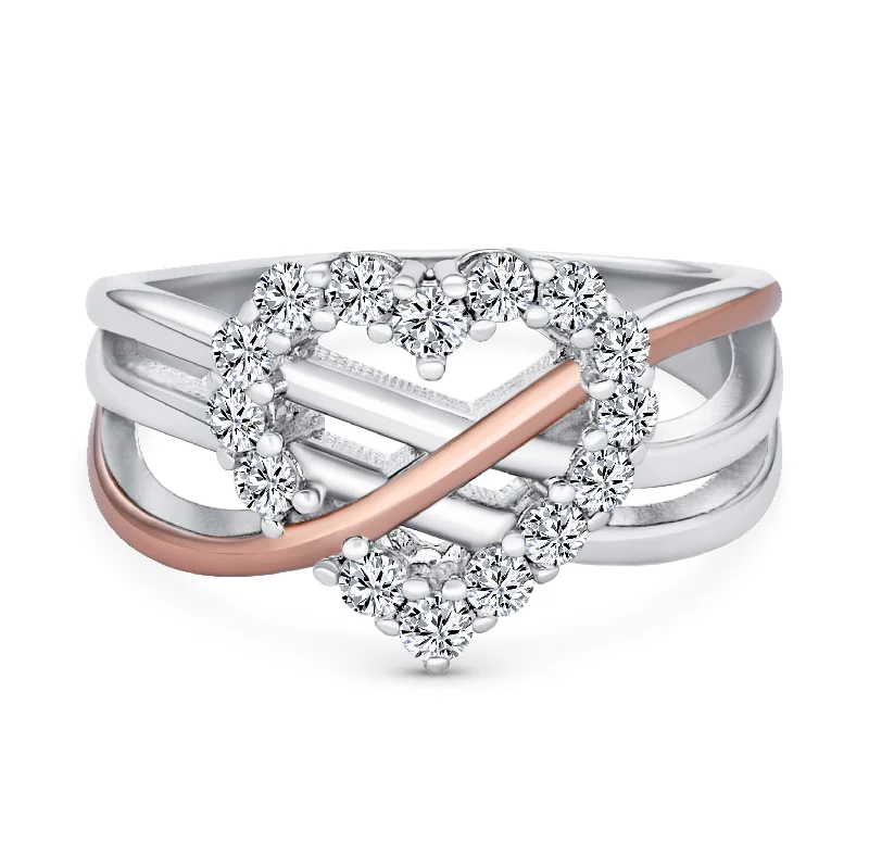 women’s gold rings-Romantic Two Tone Cocktail Statement Ring with CZ Accent & Infinity Heart Design