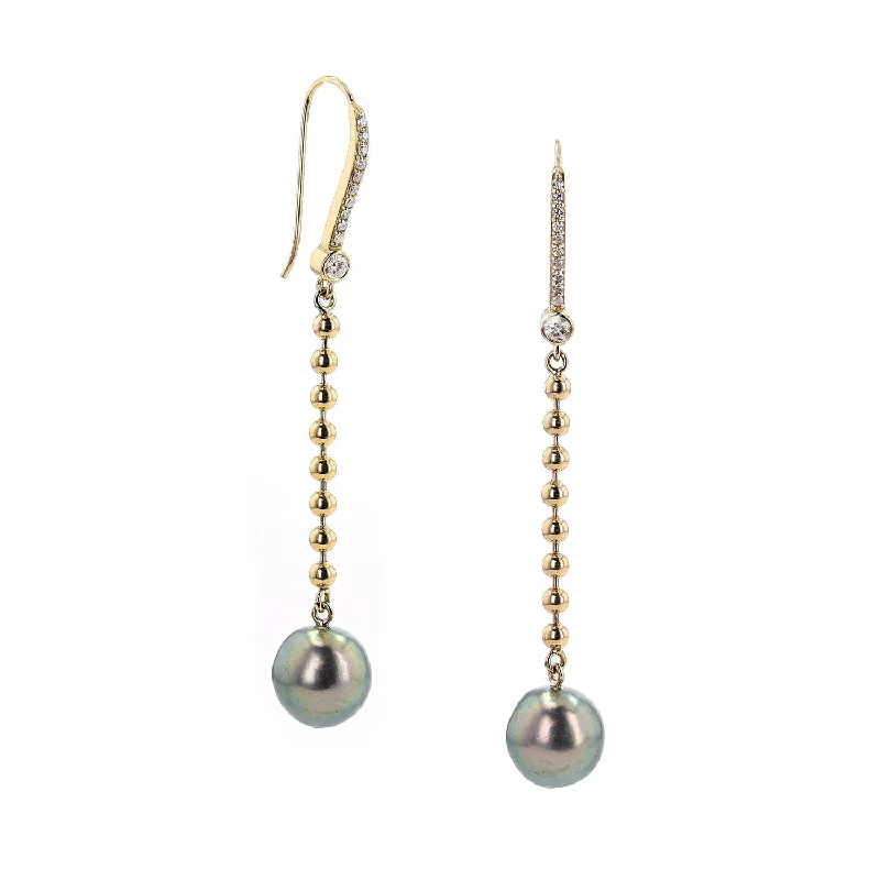 women’s oval earrings-14K Tahitian Pearl Ball Chain Drop Earrings  EG000209