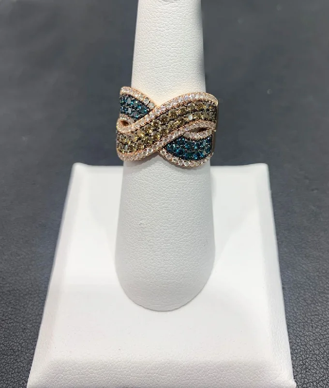 women’s elegant engagement rings-14k Rose Gold Brown, Blue & White Diamond Ring