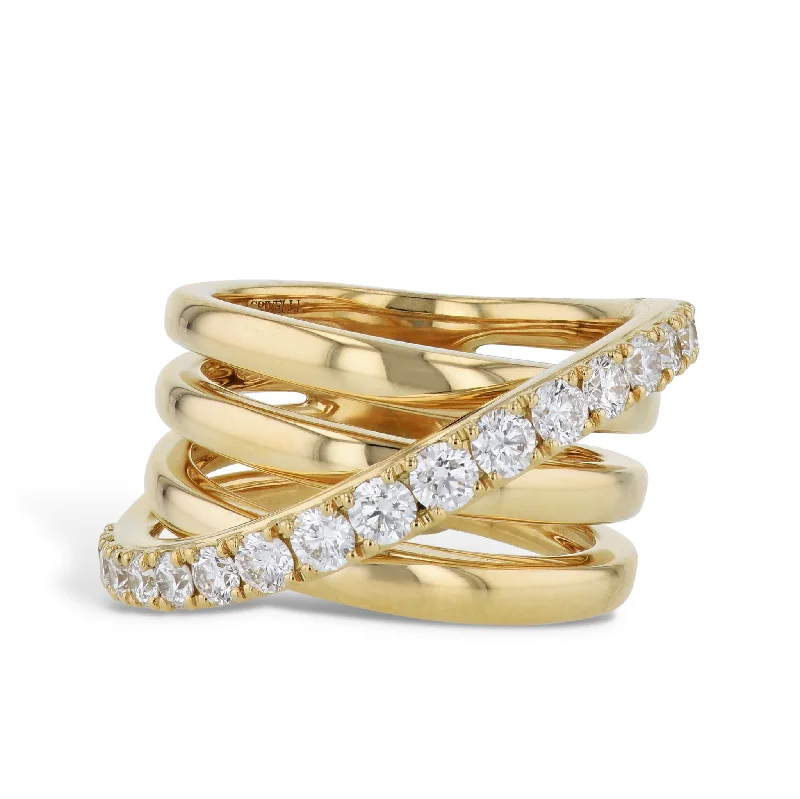 women’s pearl rings-Diamond and 4 Row 18K Yellow Gold Ring