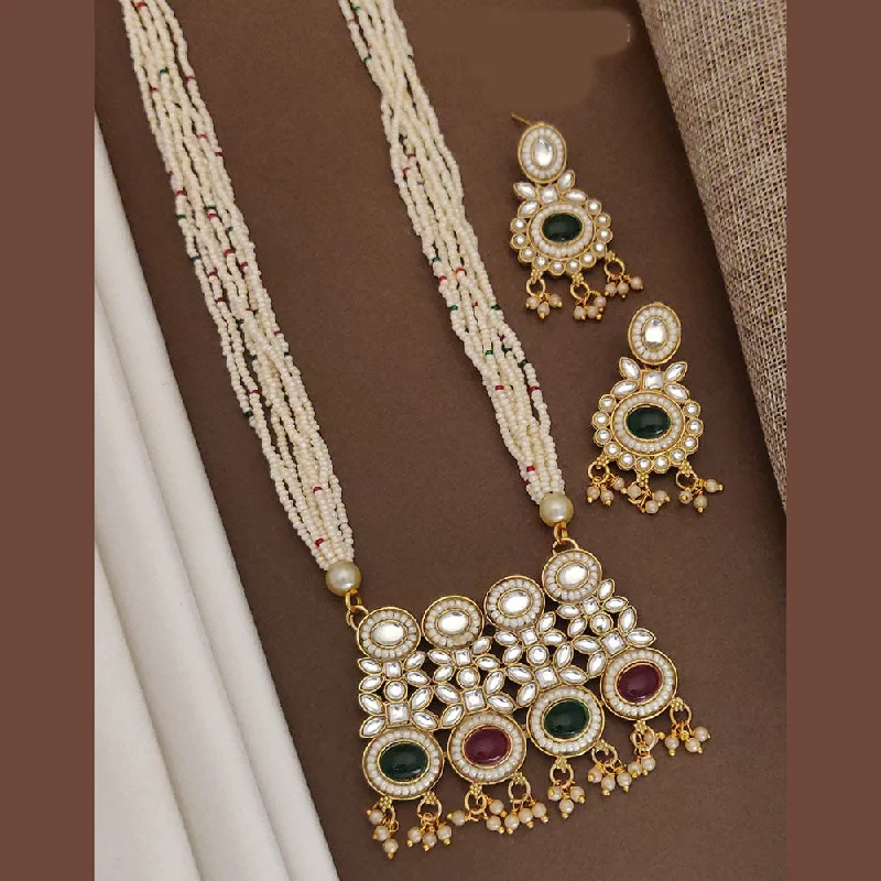 women’s rose gold necklaces-Akruti Collection Gold Plated Kundan Stone And Pearls Long Necklace Set