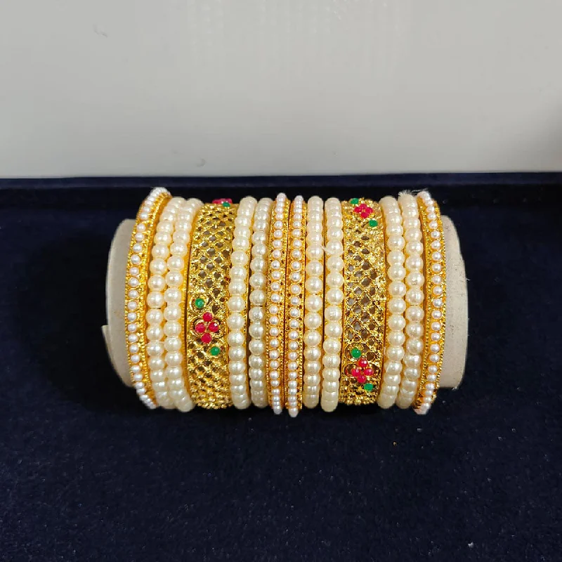 women’s personalized bracelets-Pooja Bangles Gold Plated Crystal Stone And Pearls Bangles Set