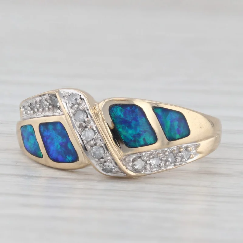 women’s affordable engagement rings-Blue Green Opal Inlay Mosaic Diamond Ring 14k Yellow Gold Size 7.25