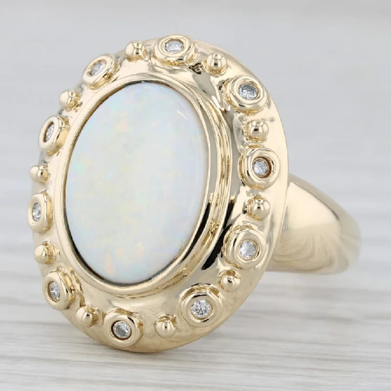 women’s pear-shaped engagement rings-Opal Oval Cabochon Diamond Ring 14k Yellow Gold Size 9