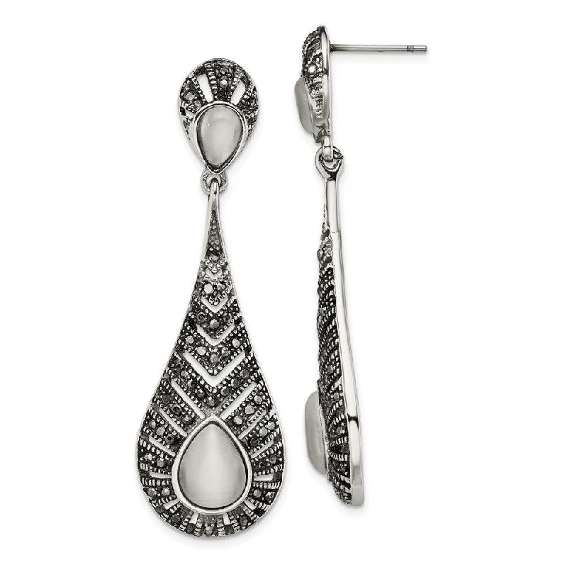 women’s birthstone stud earrings-Stainless Steel Polished Marcasite Cat's Eye Post Dangle Earrings