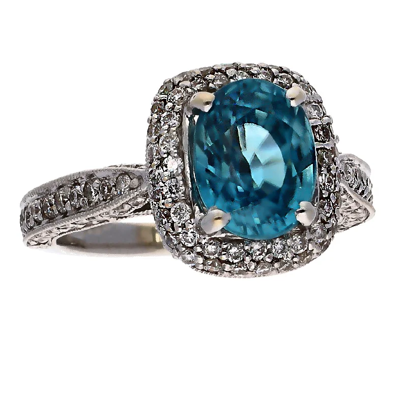 women’s engagement rings for women-18K White Gold Oval Blue Zircon & Diamond Ring