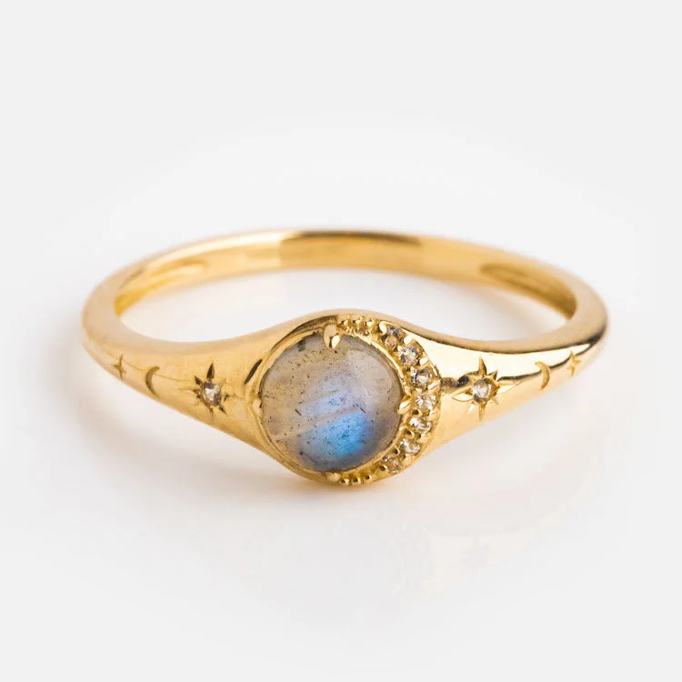 women’s three-stone rings-Solid Gold Lunar Labradorite Signet Ring