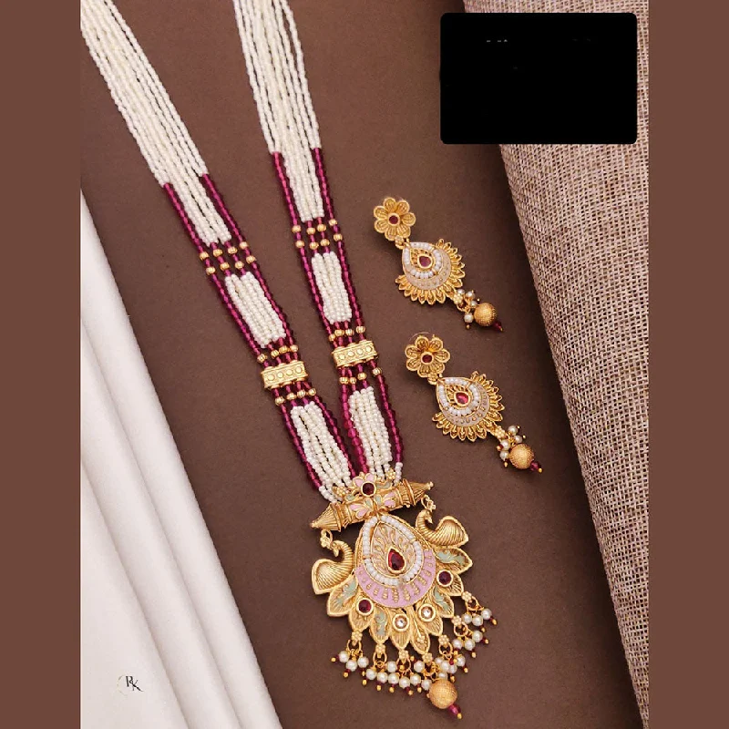 women’s boho necklaces-Akruti Collection Gold Plated Pota Stone And Pearls Long Necklace Set